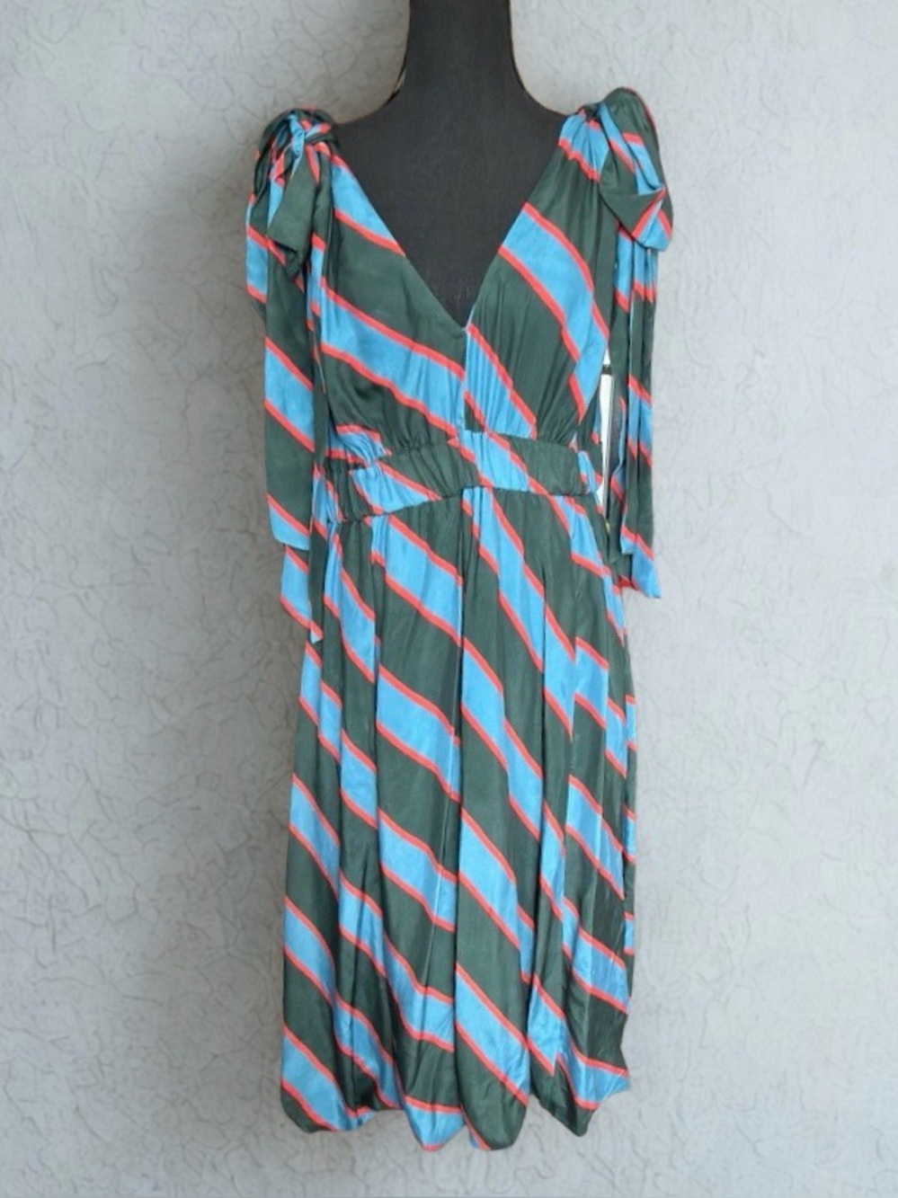 Green and Blue Striped V-Neck Sleeveless Dress With Shoulder Tie Detail